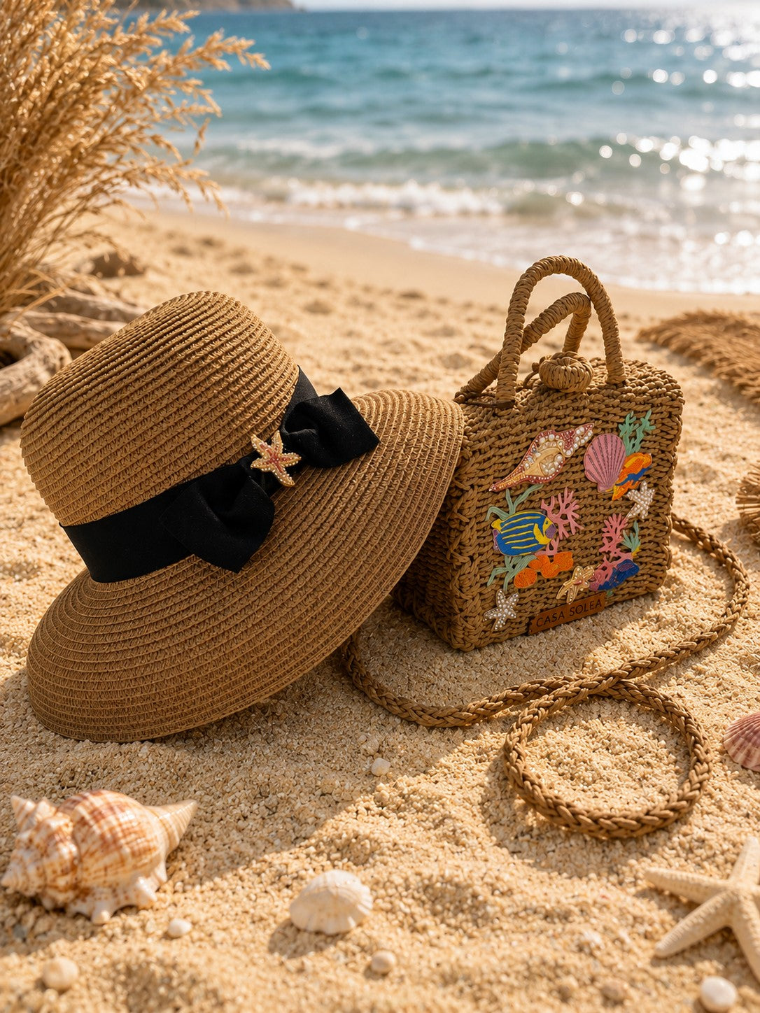 Midnight Bloom Straw Tote