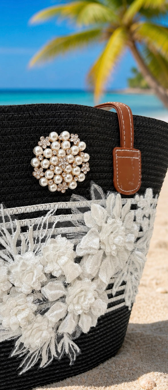 Pearl Bloom Embellished Straw Tote