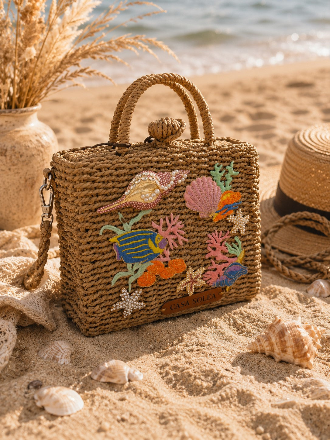Midnight Bloom Straw Tote