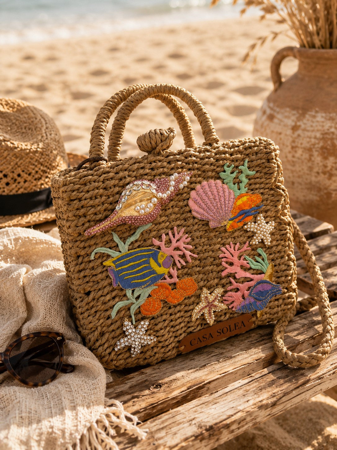 Midnight Bloom Straw Tote
