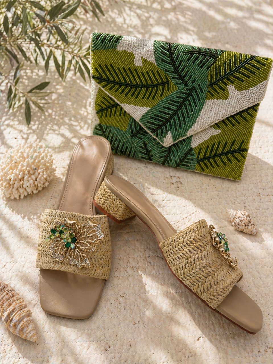 Emerald Crystal Raffia Heels