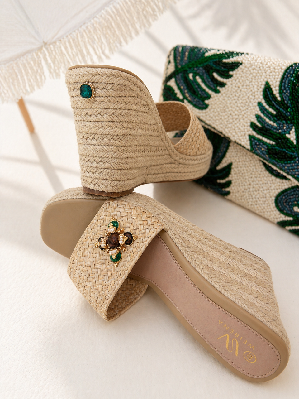 Emerald Luxe Raffia Platforms