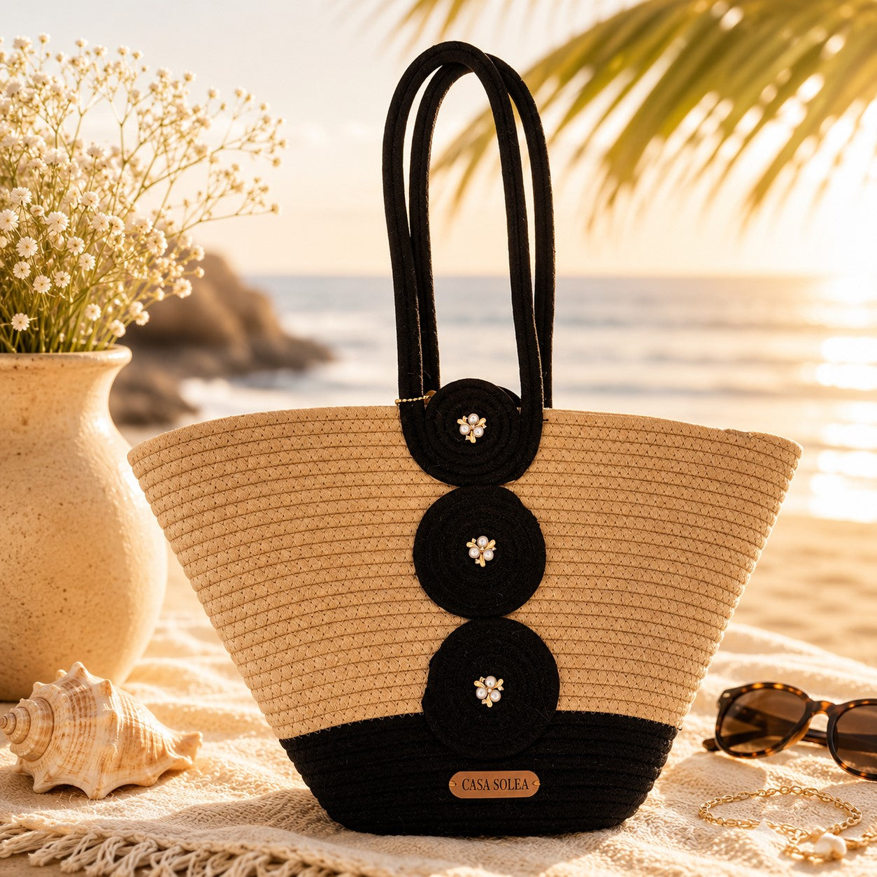 Midnight Bloom Straw Tote 3