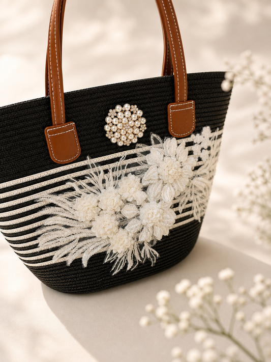 Pearl Bloom Embellished Straw Tote