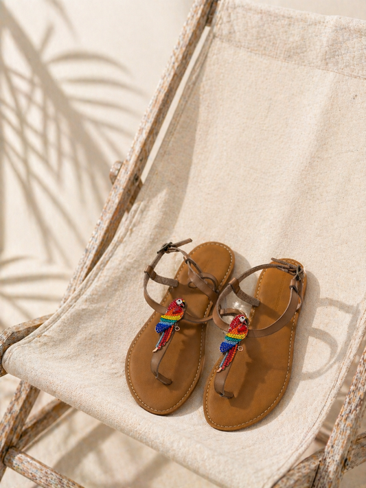 Tropical Bird Embellished Flat Sandals  Description: