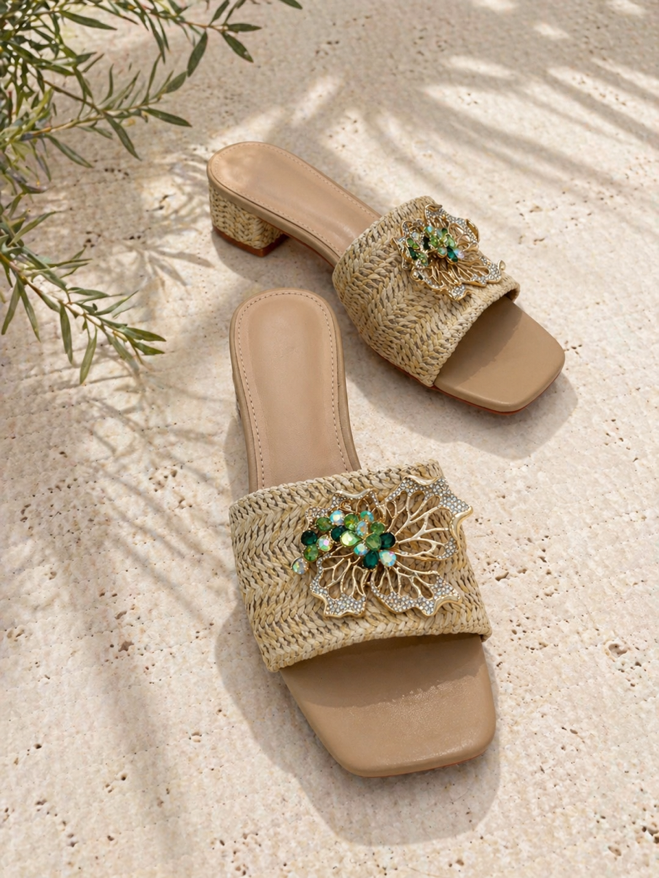 Emerald Crystal Raffia Heels