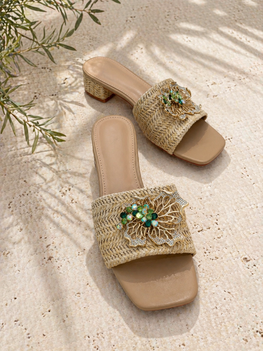 Emerald Crystal Raffia Heels