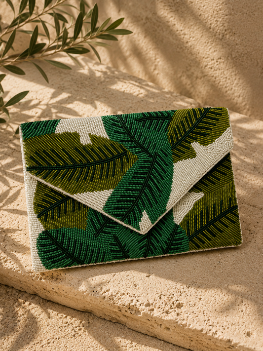 Palm Luxe Beaded Envelope Clutch