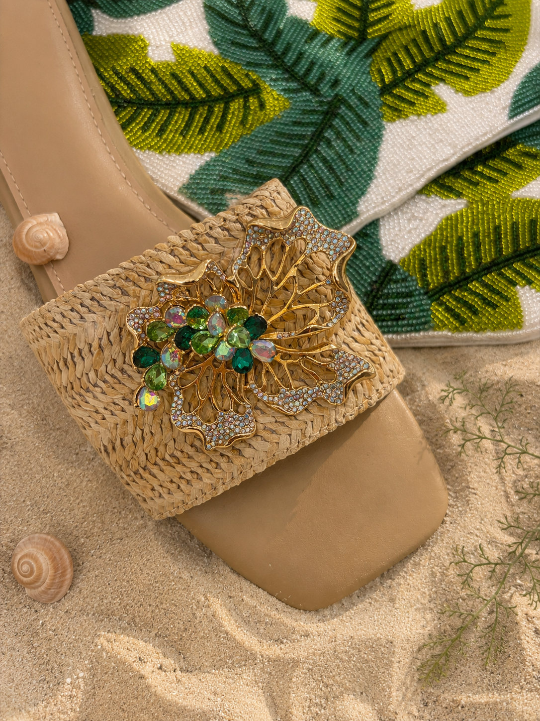 Emerald Crystal Raffia Heels
