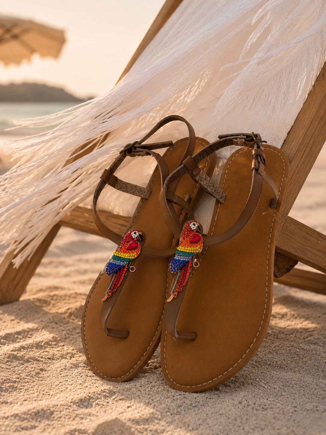 Tropical Bird Embellished Flat Sandals  Description: