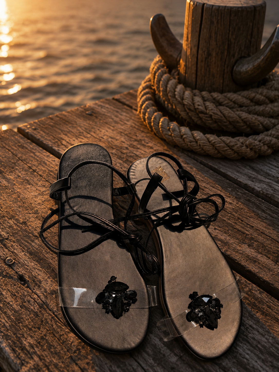 Noir Crystal Lace-Up Flats