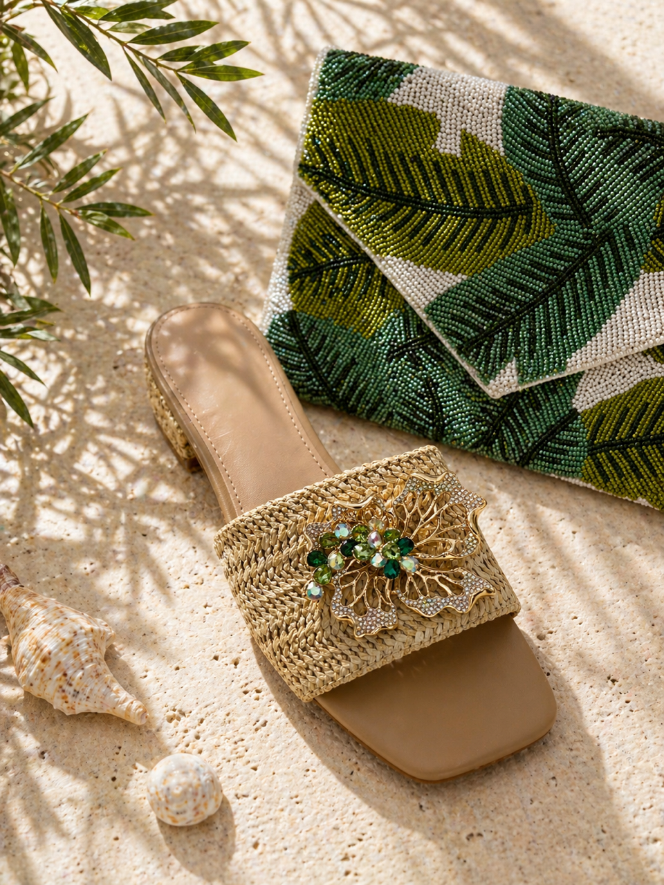 Emerald Crystal Raffia Heels