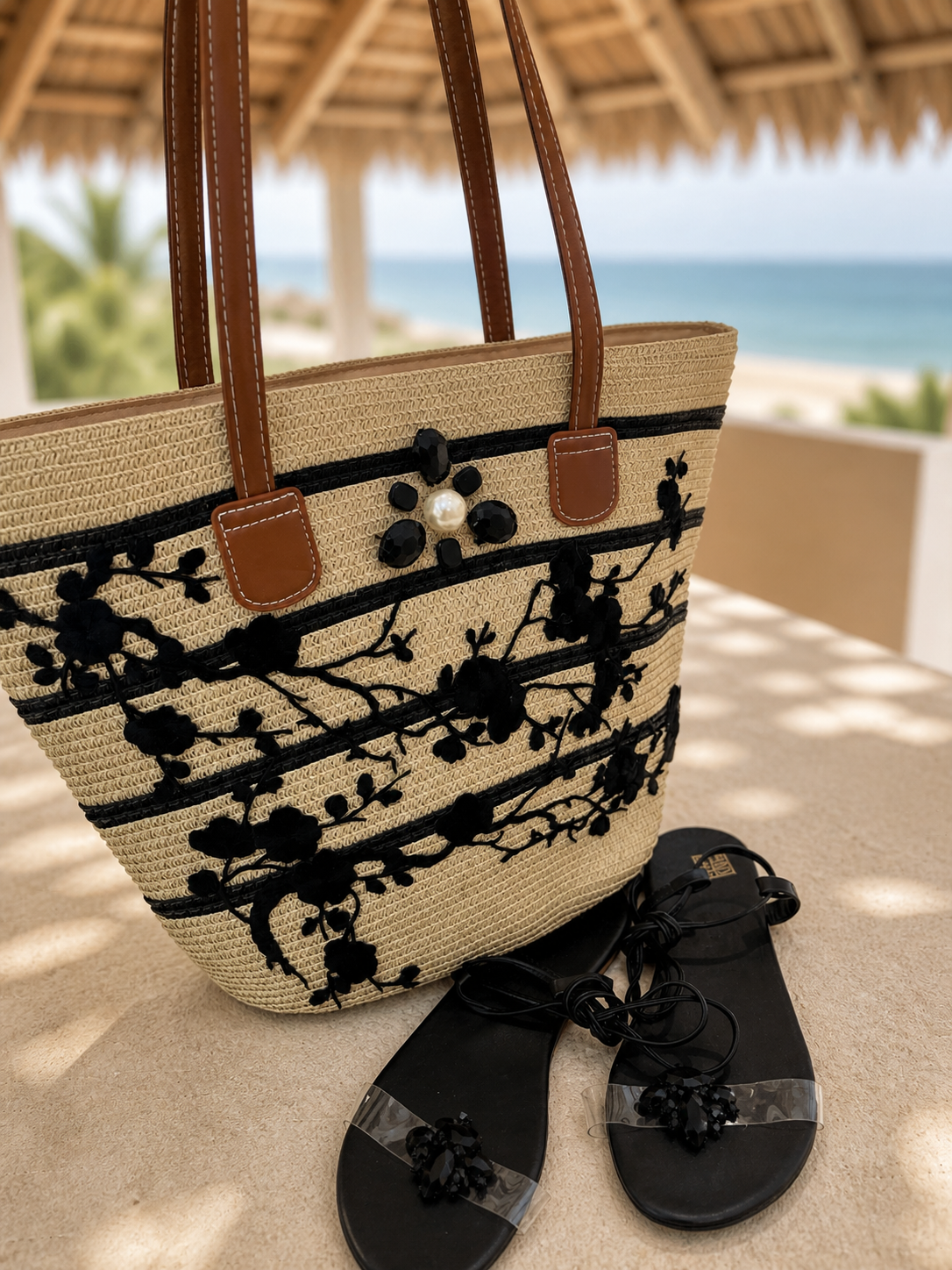 Luxury Floral Embellished Straw Beach Tote