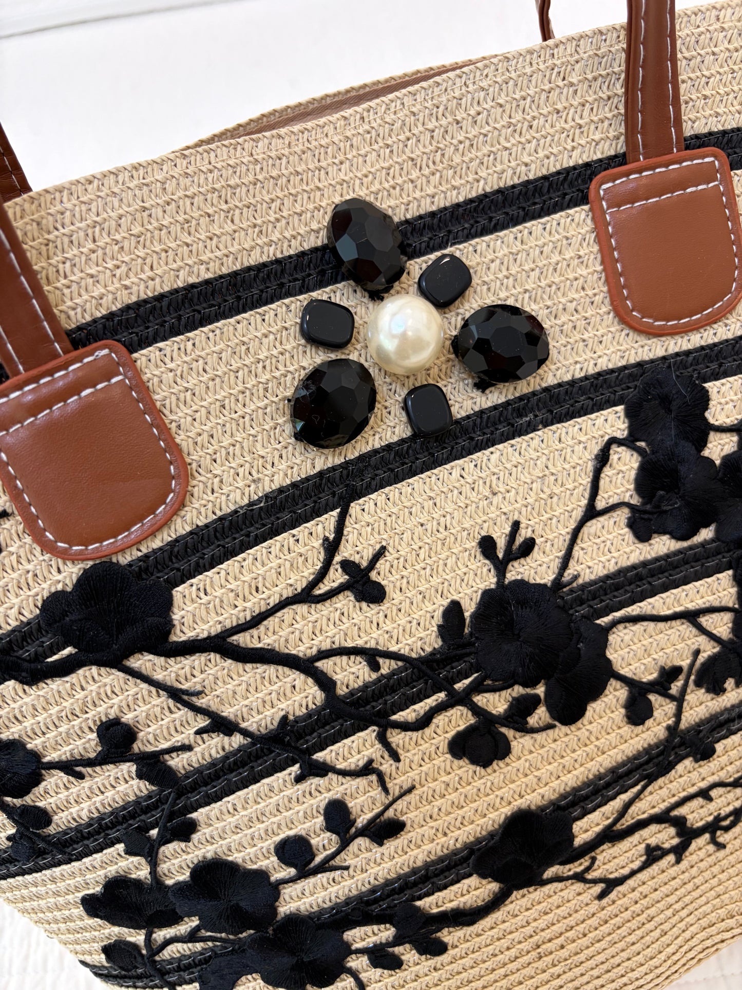 Luxury Floral Embellished Straw Beach Tote
