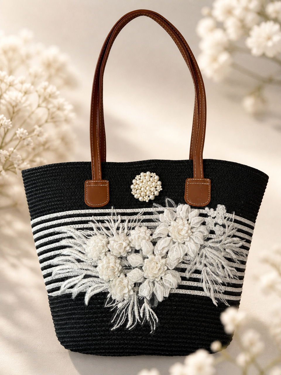 Pearl Bloom Embellished Straw Tote