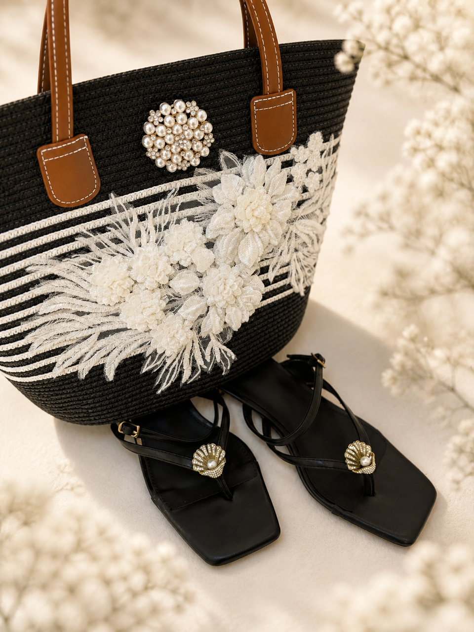 Pearl Bloom Embellished Straw Tote